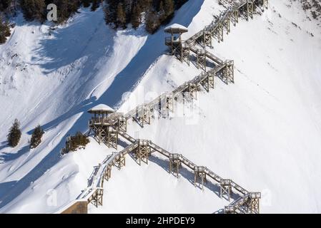 Winter landscape of the Montmorency Falls national park of the Sepaq (Beauport, Quebec city, Quebec, Canada). Stock Photo