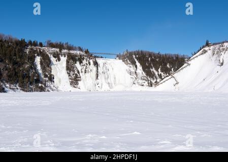 Winter landscape of the Montmorency Falls national park of the Sepaq (Beauport, Quebec city, Quebec, Canada). Stock Photo