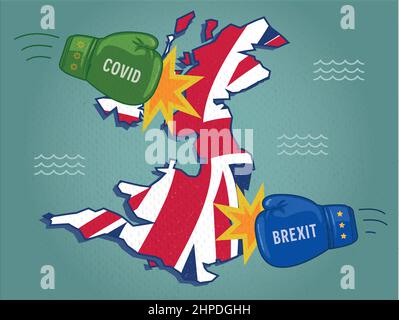 Vector illustration showing map of United Kingdom being hit with boxing gloves representing the Covid pandemic and Brexit and impact on the country Stock Vector