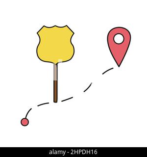 Simple icon. Path and route with location point and highway sign. Simple hand drawn icon isolated on white background Stock Vector