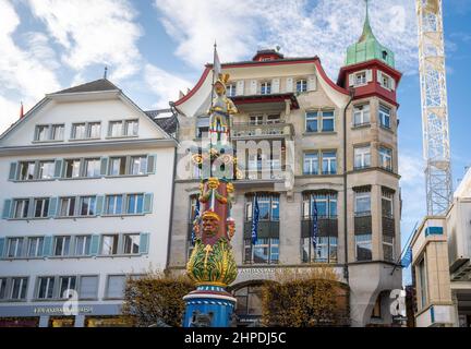 Fritschi Fountain (Fritschibrunnen) at Kapellplatz - Lucerne, Switzerland Stock Photo