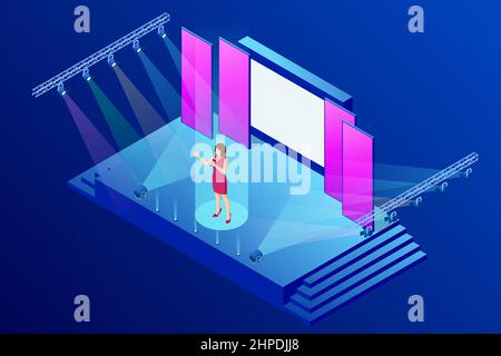 Isometric stand for press conference with microphones, equipped place for the speaker in front of journalists. Live report, live news concept. Stock Vector