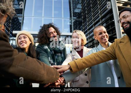Business People Collaboration Teamwork Union Concept. Celebrating success co-workers together. Stock Photo