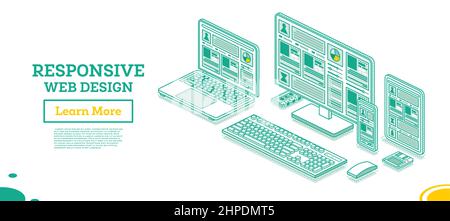 Adaptive and Responsive Web Design Isometric Concept. Vector Illustration. Smartphone, Laptop, Tablet and Desktop PC with Keyboard. Stock Vector