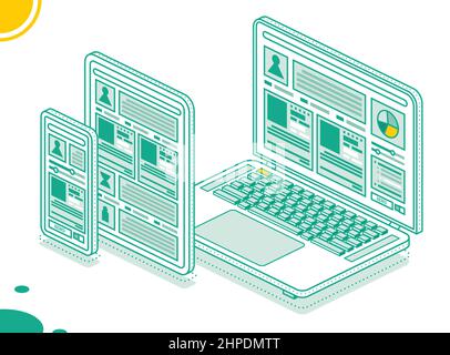 Smartphone, Laptop and Tablet PC. Vector Illustration. Isometric Modern Digital Device Set Isolated on White Background. Display with Touchscreen. Stock Vector