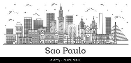 Outline Sao Paulo Brazil City Skyline with Modern Buildings Isolated on White. Vector Illustration. Sao Paulo Cityscape with Landmarks. Stock Vector