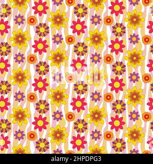 Floral pattern retro 70s style. Bright and stylish pattern with stripes and flowers.  Stock Vector