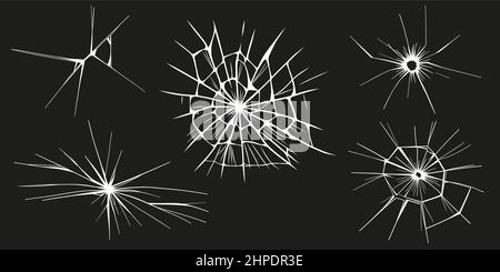 Glass cracks. Broken ice. Bullet marks on transparent surface, electronic display, window. Vector sketch illustration. Stock Vector
