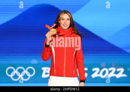 Olympic gold medalist Eileen Gu poses with her three medals before a ...