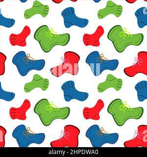 Bright seamless pattern with the image of warm bright colorfull socks and offseason boots. Vector repeat texture. Abstract background. Vector illustration. Stock Vector