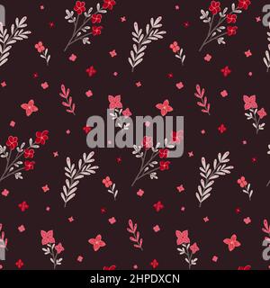 Vector seamless pattern with small pink flowers and stems with foliage on dark background. Natural texture with sakura branches. Floral wallpaper. Del Stock Vector