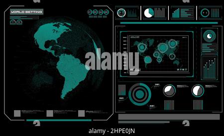 Futuristic VR head-up display design with orbital global network 3D rendering graphic . HUD element containing circle abstract and big data analytic Stock Photo