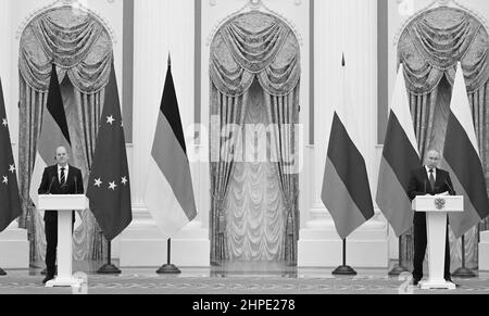 Russian President Vladimir Putin and Federal Chancellor of Germany Olaf Scholz hold a news conference following talks regarding Ukraine. Stock Photo