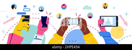 hands using different gadgets digital addiction social media communication concept horizontal Stock Vector