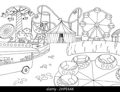 Amusement park landscape graphic black white sketch illustration vector Stock Vector