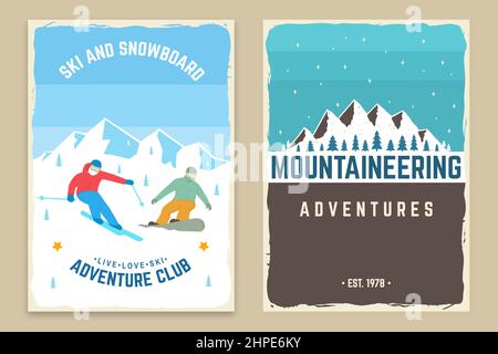 Mountaineering ski retro posters. Vector. Concept for alpine club shirt, print, stamp. Vintage typography design with mountain silhouette and skier Stock Vector