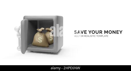 Realistic 3d illustration of big safe with open door and money bags inside. Safety and protection money concept. Vector Stock Vector