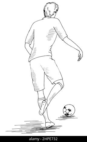 Soccer player run and kicks the ball graphic black white isolated sketch illustration vector Stock Vector
