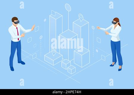 Isometric metaverse concept. Network of 3D virtual worlds focused on social connection. Internet as a single, universal virtual world. Virtual reality Stock Vector