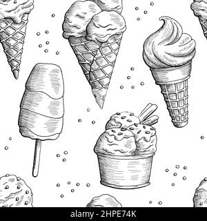 Ice cream graphic black white sweet food seamless pattern background sketch illustration vector Stock Vector