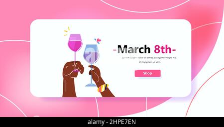 hands holding glasses of champagne international happy womens day celebration concept 8th march greeting card Stock Vector