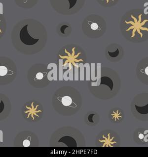 Celestial bodies seamless pattern. Hand drawn astronomical objects on grey background. Stock Vector