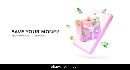 Mobile phone with lock safe and falling gold coin and paper money. Online banking or smart bank security service application. Vector illustration Stock Vector