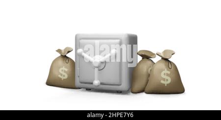Realistic 3d illustration of big safe and money bags. Safety and protection money concept. Vector Stock Vector