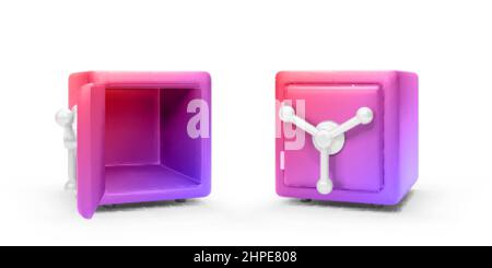 3d color steel closed and open safe in realistic cartoon style. Vector illustration isolated on white Stock Vector