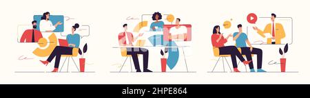 Vector illustrations on the subject of video conference, online meeting, group discussion. Editable stroke Stock Vector