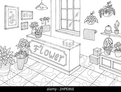 Flower shop interior graphic black white sketch illustration vector Stock Vector