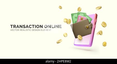 Online transaction and banking services. Realistic cartoon concept. Phone with 3d wallet with credit card and paper money and flying gold coins. Vecto Stock Vector