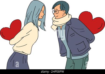 a young man and a girl in love with valentines, a surprise Stock Vector