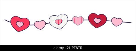 Retro Valentine Day boho icon of the garland. Love symbols in the fashionable pop line art style. The figure of heart banner in soft pink, red and cor Stock Vector