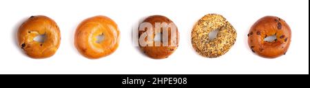 Five Different Types of Bagels on a White Background Stock Photo