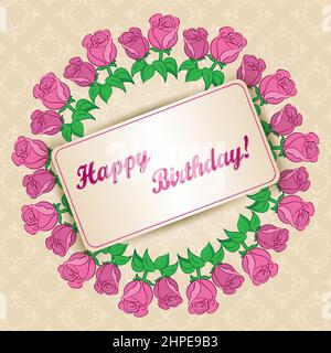 vector greeting card with frame of roses for birthday Stock Vector
