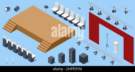 Room for press conferences constructor. Isometric stand for press conference with microphones, equipped place for the speaker, theater spot lights Stock Vector