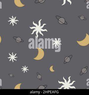 Celestial bodies seamless pattern. Hand drawn astronomical objects on grey background. Stock Vector