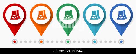 Nuclear power station concept vector icon set, flat design power plant pointers, infographic template easy to edit Stock Vector