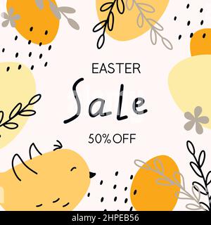 Easter sale banners. Fashionable Eastern design with typography, hand-drawn chicken and eggs. Stock Vector