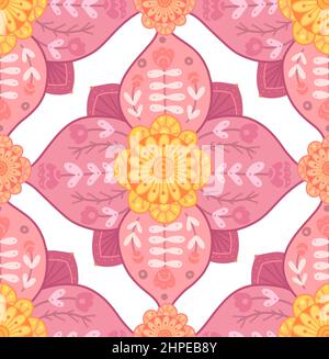 Gentle seamless floral pattern with folk ornament. Vector tiled delicate texture with pink rural flowers composition on white background. Natural naiv Stock Vector