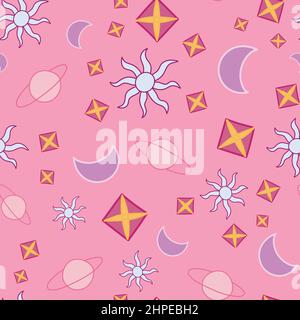 Celestial bodies seamless pattern. Hand drawn astronomical objects on pink background. Stock Vector