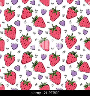 Seamless pattern with strawberries and hearts, vector illustration Stock Vector