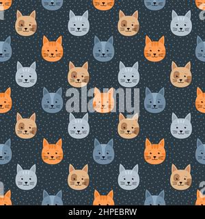 Seamless pattern with cats and dots, vector illustration Stock Vector