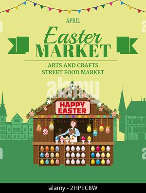Easter Market poster, wooden stall decorated flowers, colored Easter eggs. Holiday City Spring Fair Square, Europe architecture background. Vector Stock Vector