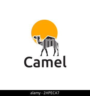 Desert camel silhouette logo under the sun circle, vector illustration design Stock Vector