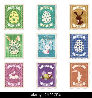 Set of Easter postal stamps, bunnies, eggs, retro graphic. Vintage collection Stock Vector