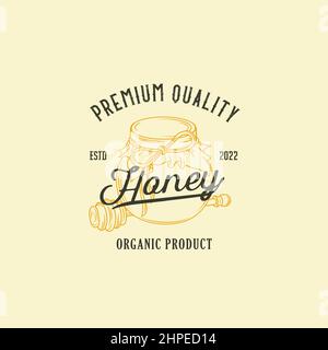 Premium Quality Honey Sign, Symbol or Logo Template. Hand Drawn Jar and wooden stick Sketches with Retro Typography. Local Apiary Vintage Emblem with Stock Vector