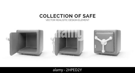 Steel open and closed safe in realistic cartoon style. Vector illustration isolated on white Stock Vector