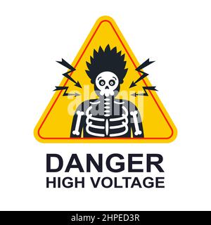 yellow sticker caution high voltage. electric shock by a person. flat vector illustration. Stock Vector